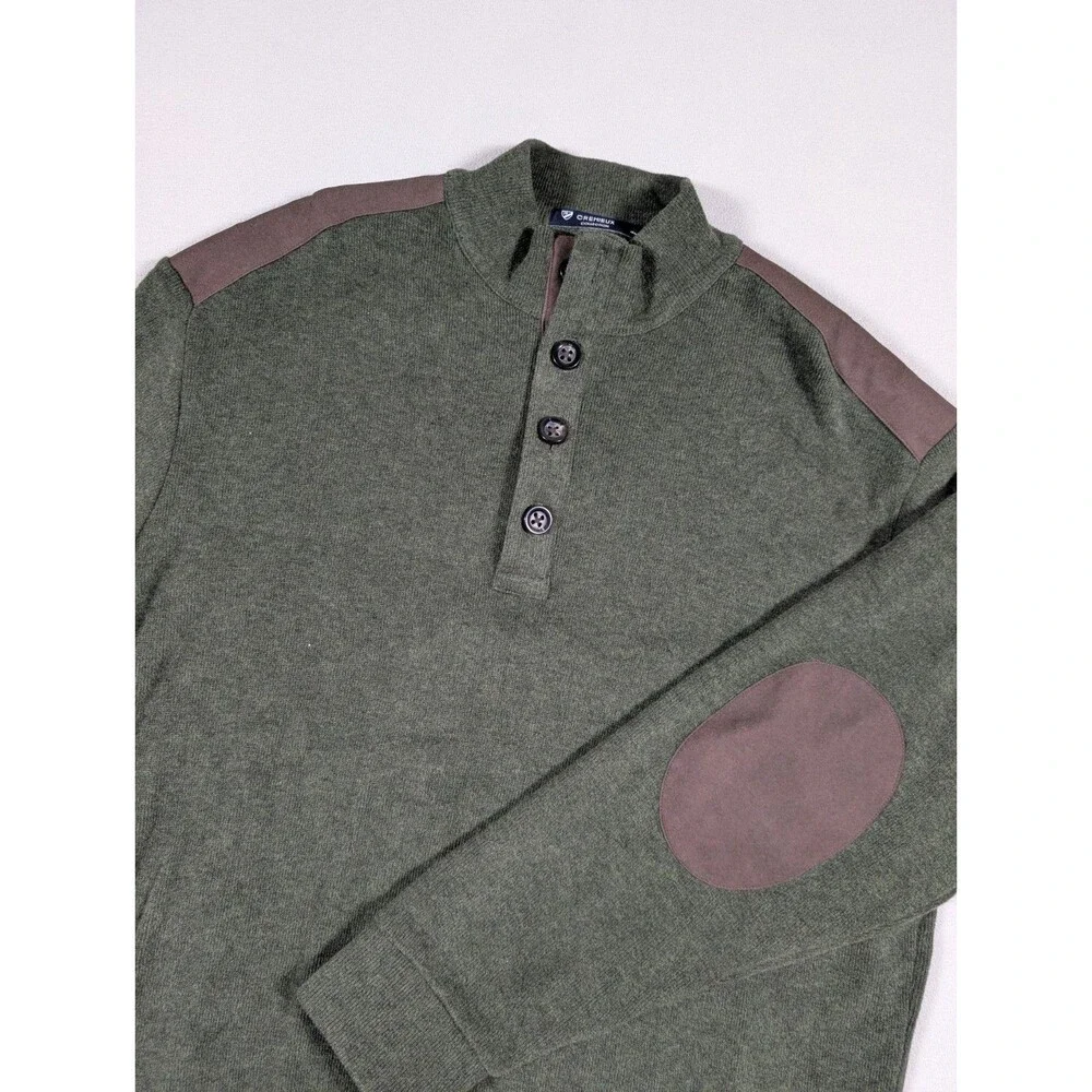 Cremieux Collection Sweater Mens L Green Henley Suede Shoulder Elbow Patch